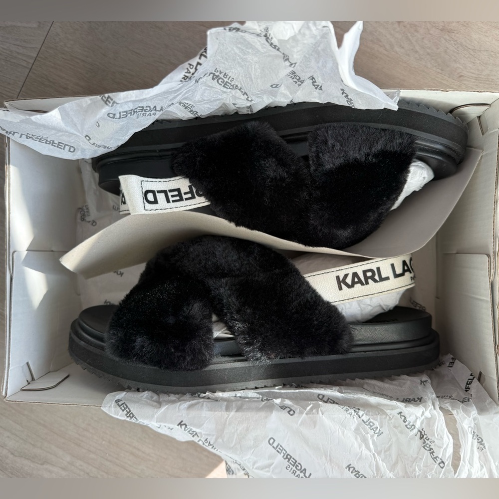 Karl Lagerfeld Black Fur Sandals